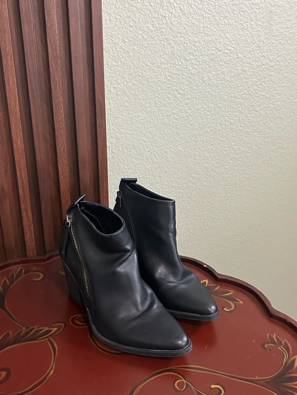 Black Ankle Booties Pointed Toe Block Heel